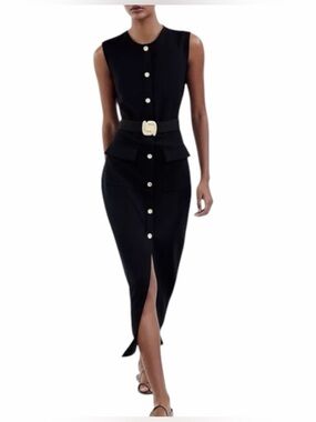 Zara Black Sleeveless Midi Dress with Gold Buttons